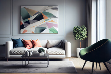 Generative AI illustration of modern living room with comfortable sofa near coffee table and potted plant near curtains green armchair and big painting on wall