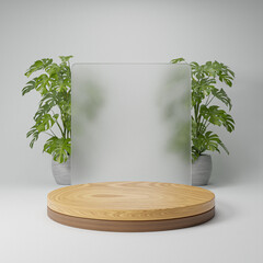 Wood Round Base Product Podium with Frosted Glass and indoor plant in back with White Studio Backdrop for product presentation branding and packaging presentation. 3d render background