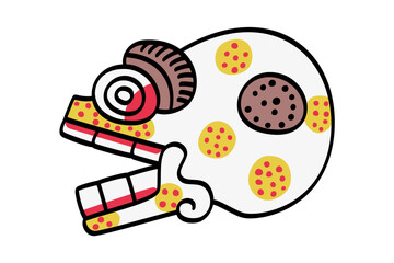 Flaking skull with mouth wide open, Aztec symbol for death, and called Miquiztli in the Nahuatl language. One of the 20 day calendar signs, used by the Mixtecs, representing Death and direction North.
