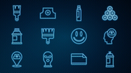 Set line Paint spray can, Spray nozzle cap, Marker pen, brush, Paint, gouache, jar, dye, Smile face and icon. Vector