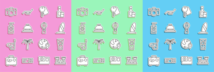 Set line Sand castle, Sunscreen cream in tube, Surfboard, Hotel door lock key, service bell, spray bottle, Photo camera and air balloon icon. Vector