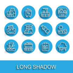Set line Tornado, Coal train wagon, Nuclear power plant, Global warming, Storm, Drought and Bottle of water icon. Vector