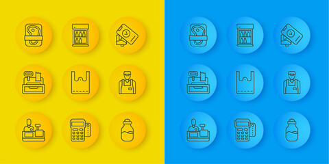 Set line Cashier at cash register, machine, Paper shopping bag, Spice can, Seller, Meat packaging steak, POS terminal and Commercial refrigerator icon. Vector