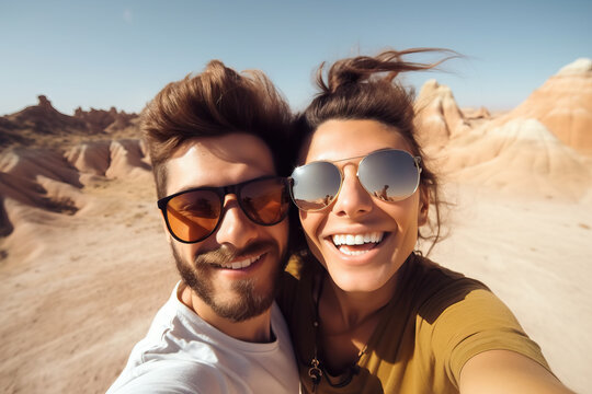 Happy couple of travelers taking selfie photo. Young man and woman having fun in summer vacation. Generative AI