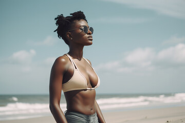 Young sporty African American woman stands against the background of the ocean. Generative AI
