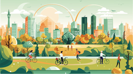 Beautiful modern eco friendly green city panoramic view with skyscrapers and parks. Idilic place to live, city of the future concept illustration - obrazy, fototapety, plakaty