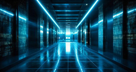 Fototapeta premium blue and white light shining over a dark hallway