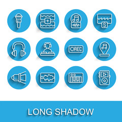 Set line Movie spotlight, Music wave equalizer, Microphone, synthesizer, player, DJ playing music, note, tone and Record button icon. Vector