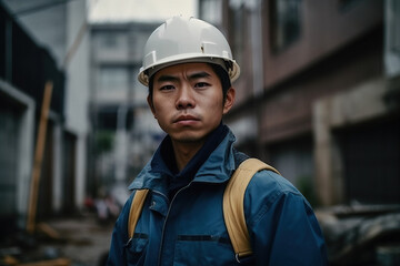 Fototapeta premium Confident Asian engineer standing in factory , Asia worker employee in hard hat safety work in factory. Generative ai