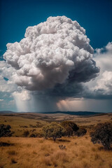 Vertical view of a landscape where is a big cumulonimbus cloud, generative AI.