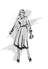 Set of Stylish fashion models. Pretty young girls. Fashion woman Sketch