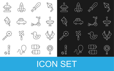 Set line Rattle baby toy, Slingshot, Whirligig, Sword, Toy car, horse, Robot and Roller scooter icon. Vector