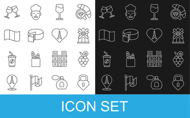 Set line Castle in the shape of heart, Grape fruit, Windmill, Wine glass, Cheese, Flag France, and Eiffel tower with icon. Vector