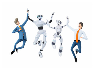 Fototapeta na wymiar Robot and two businessmen jumping up and wave to camera. People and robots working together. 3D rendering illustration