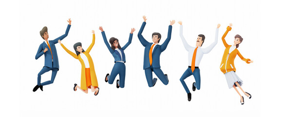 Group of business people jumping up in office as symbol of celebrating success and achievements. 3D rendering illustration