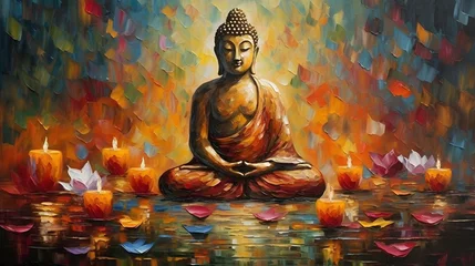 Zelfklevend Fotobehang oil painting of buddha statue with lotus flower and candle ornament ,generative ai © Leo