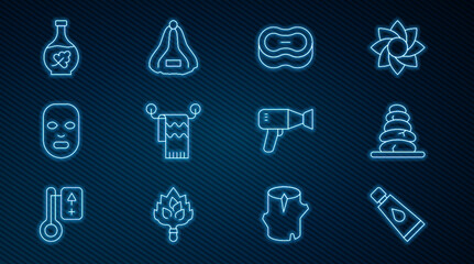 Set line Cream or lotion cosmetic tube, Stack hot stones, Bar of soap, Towel hanger, Facial mask, Essential oil bottle, Hair dryer and Sauna hat icon. Vector