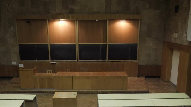 Conference Hall Lecture Theater Interior With Long Tables And Tribune, Presidium Table 
