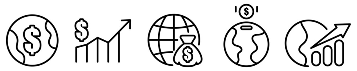 Conjunto de iconos de economía mundial. Inversión financiera, capital de dinero, ahorra, ganancias y beneficios. Ilustración vectorial