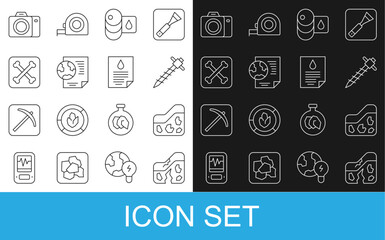 Set line Geological fault, Ground, Construction jackhammer, Barrel oil, Earth globe with document, Archeology, Photo camera and Oil drop icon. Vector