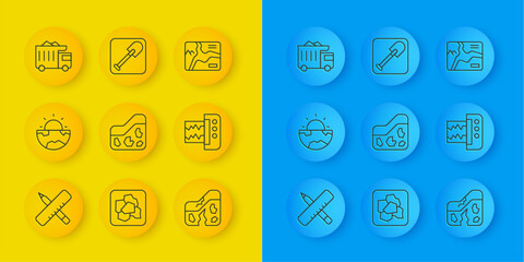 Set line Crossed ruler and pencil, Earth core structure crust, Ground, Geological fault, Seismograph, Mining dump truck, Topographic map and Shovel icon. Vector