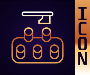 Gold line Deforestation icon isolated on black background. Chopping forest, destruction of wood. Danger for ecology and air pollution. Vector