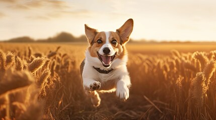 corgi running through a field tongue out and ears flapping, generative ai
