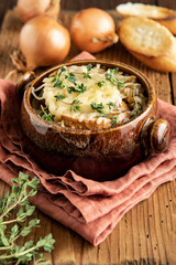 Onion soup with croutons and cheese