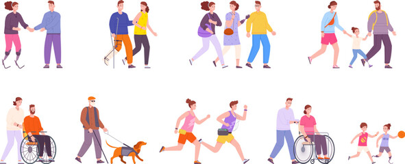 Disabled people partners. Disability person walking with young caretaker friends family, blind impaired visually character, man on crutches wheelchair, splendid vector illustration