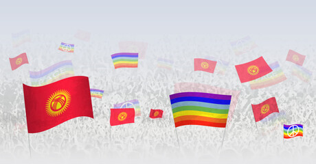 People waving Peace flags and flags of Kyrgyzstan. Illustration of throng celebrating or protesting with flag of Kyrgyzstan and the peace flag.