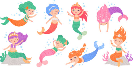 Fototapeta na wymiar Cute mermaids princess. Cartoon fairy tale mermaid characters, swimming little girl or beautiful woman with fish tail, fairytale siren underwater sea, ingenious vector illustration