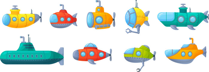 Cartoon submarines. Cute childish submarine with iron arm propeller periscope porthole for undersea exploration, underwater vessel or navy bathyscaphe ingenious vector illustration - obrazy, fototapety, plakaty