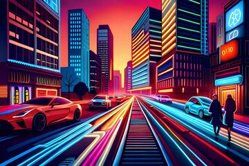 Stadt der zukunft mit Elektromobilität in Neon