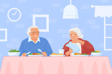 Elderly couple breakfast. Senior woman elder man eating health food at kitchen table, grandmother with grandfather eat dinner in dining, happy grandparent life vector illustration