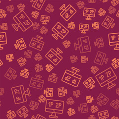 Brown line Computer monitor screen icon isolated seamless pattern on red background. Electronic device. Front view. Vector