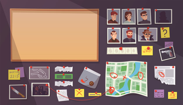 Investigation wall. Detective board elements for clues search investigator game, evidence detection workplace with threads pin criminal photo map or crime plan, vector illustration
