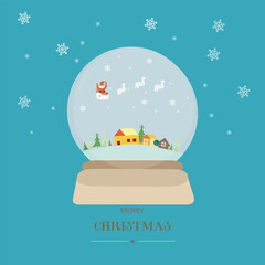Merry christmas glass ball with Santa sleigh flying over village. Vector illustration