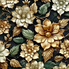 Illustration background in golden Luxury floral seamless with flowers elegant leather texture
