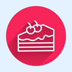 White line Piece of cake icon isolated with long shadow background. Happy Birthday. Red circle button. Vector
