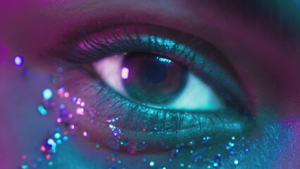 Female brown eyes in neon light. Young sexy girl in a nightclub. Macro look of the human eye. Fashionable glitter makeup on the face. Shining sparkles. Pink-blue-green color and new light, euphoria.