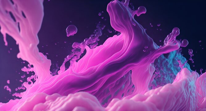 Pink ink underwater. Viscosity liquid. Bubbles and particles around. Abstract background. Generative AI