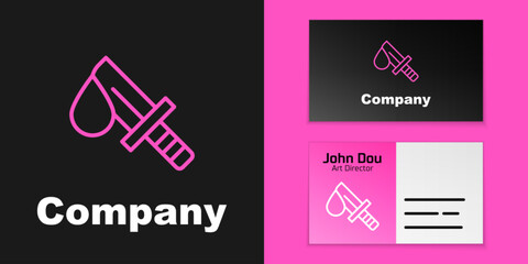 Pink line Bloody knife icon isolated on black background. Logo design template element. Vector