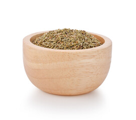 dried Thyme in wood bowl on white background