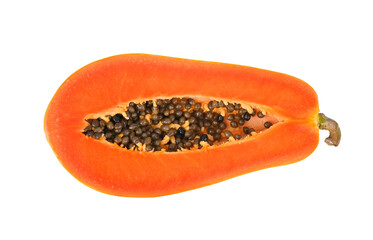 half of ripe papaya fruit with seeds on white background.