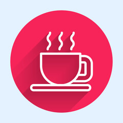 White line Cup of tea icon isolated with long shadow background. Red circle button. Vector