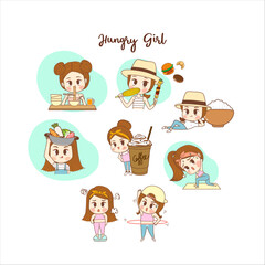 Cute girl character design eating collection illustrations set.