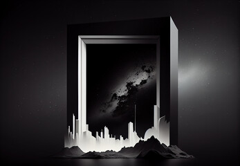 frame, a portal to an unknown reality above the silhouette of a white glowing city. Generative AI