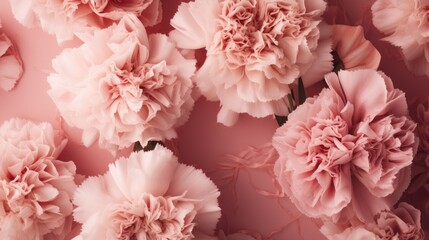 Pink carnations seen from a top view on a pink background. Generative AI.