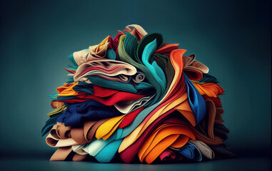 pile of colorful scraps of fabric, sewing waste for recycling. Generative AI