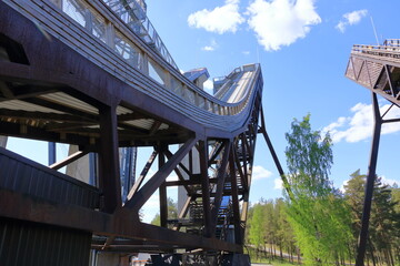 the upper part of the ski jumping facility ski jump towers in summer, Lahti, Finland